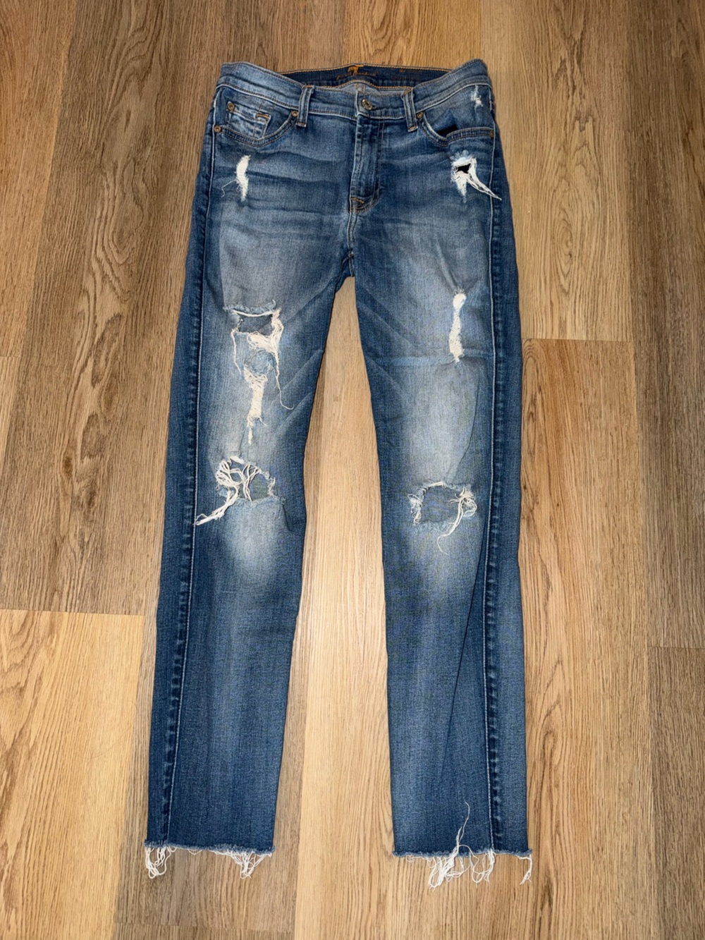 7 For All Mankind Men's Distressed Skinny Jeans in Medium Blue